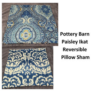 Pottery Barn Pillow Cover Sham Throw Beale Paisley Ikat Reversible Blue 18x18